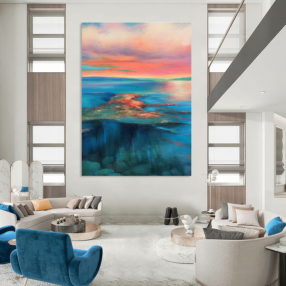 Serene Sunset Seascape Abstract Painting for Coastal Home Living Rooms HENG051