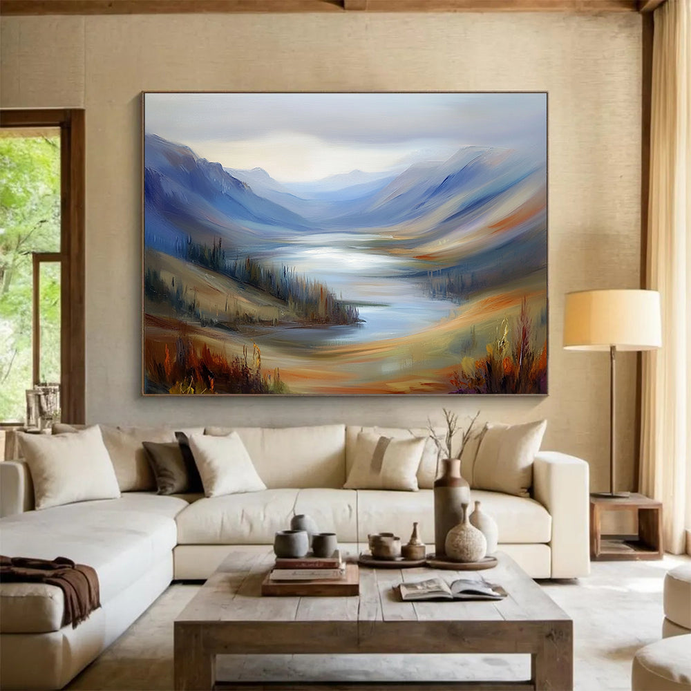 Misty Mountain Valley Lake Painting with Soothing Tranquil Hues ABS560