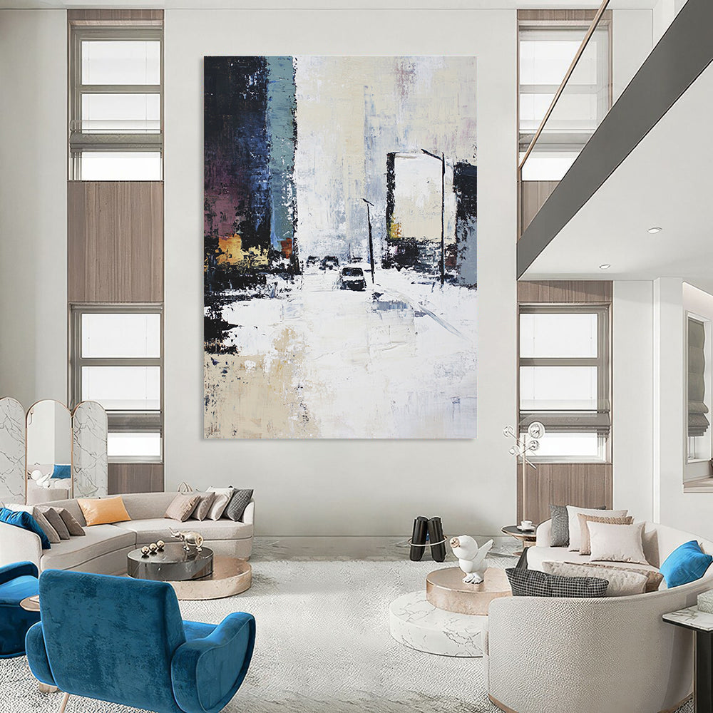 Snowy Urban Street - Winter Cityscape Abstract Painting GAB0572