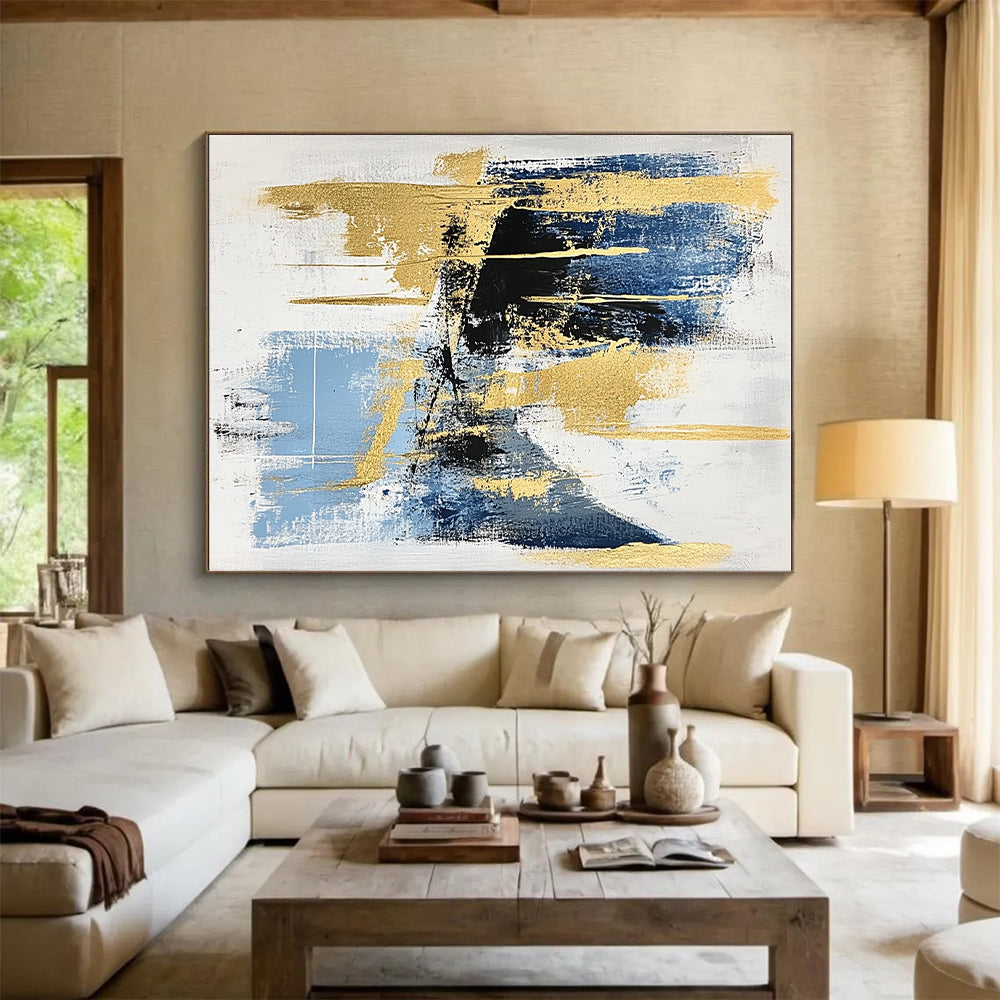 Blue Gold Black Abstract Painting with Elegant Drama WINK523