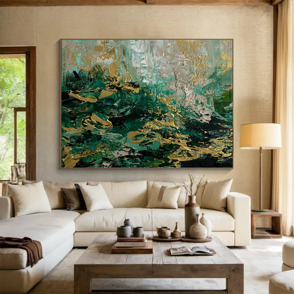Green and Gold Abstract Waves Painting for Coastal - Inspired Spas YHT334