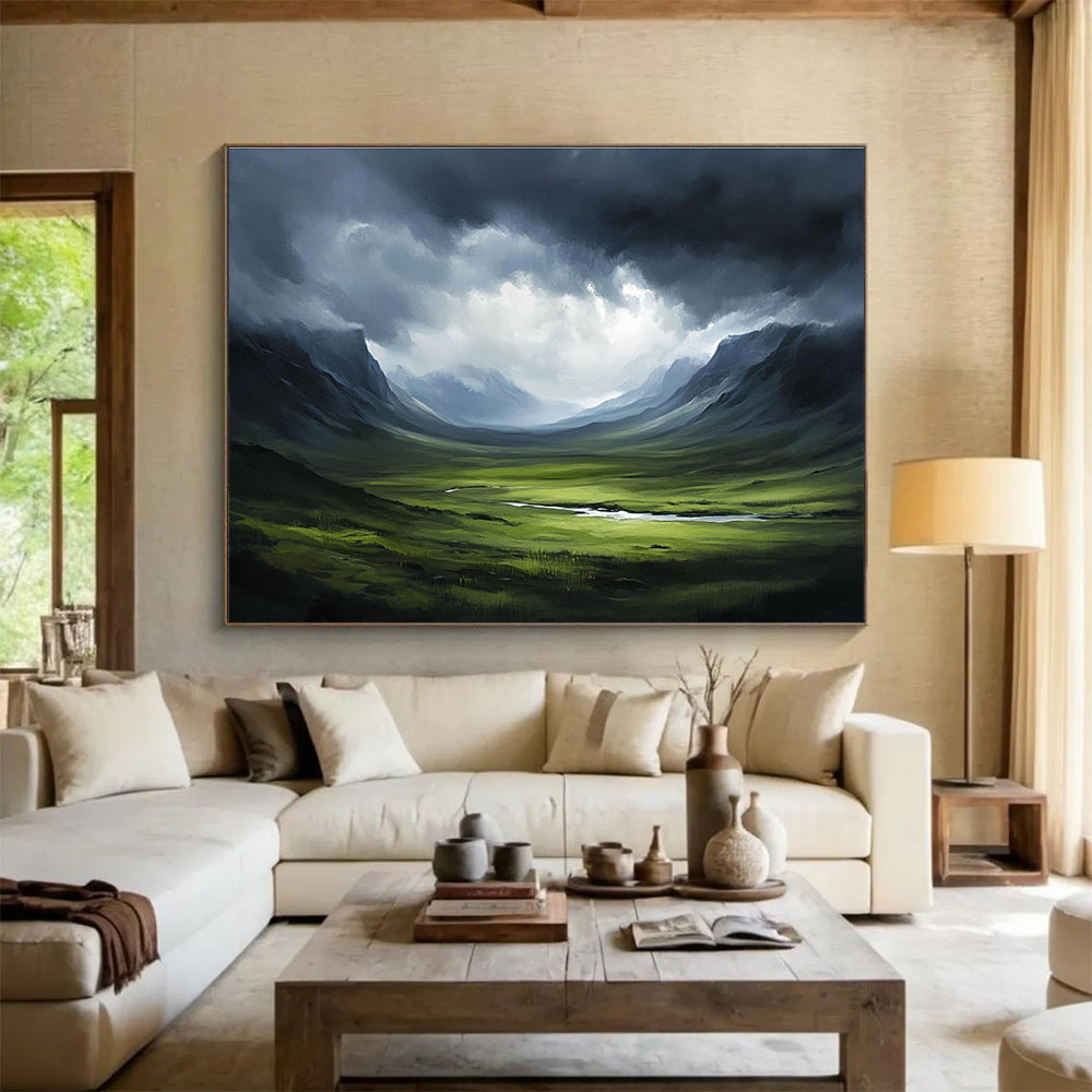 Dark Valley with Stormy Sky Abstract Painting with Dramatic Nature ABS604