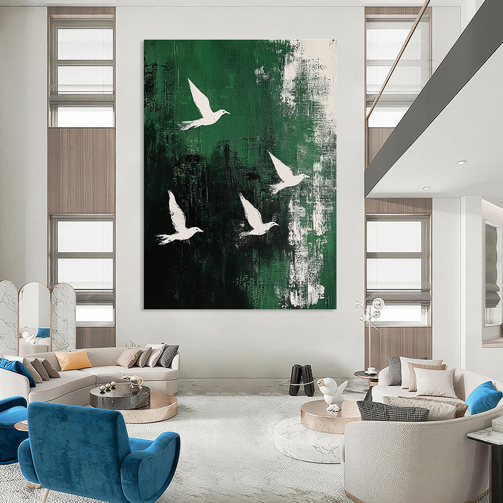 White Birds on Green Abstract Painting for Nature - Loving Cafes GAB0826