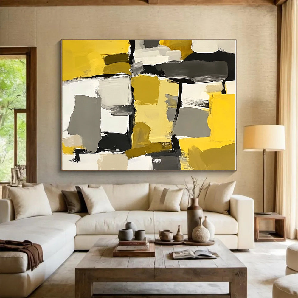Yellow Gray Abstract Blocks Painting with Playful Composition WINK646