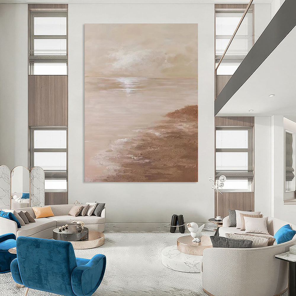 Serene Beige Seaside Landscape Abstract Painting for Coastal - Inspired Bedrooms HENG341
