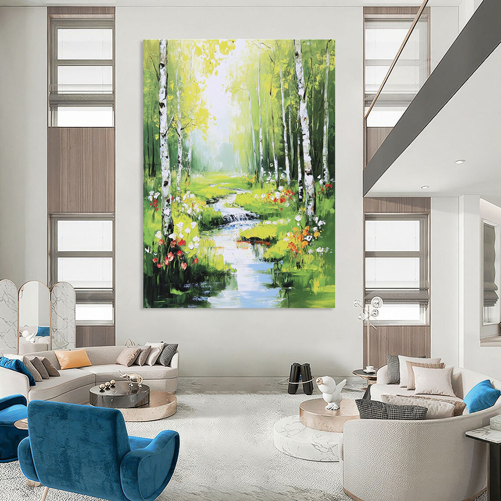 Enchanted Forest Stream Abstract Painting with Lush Greens GAB0013