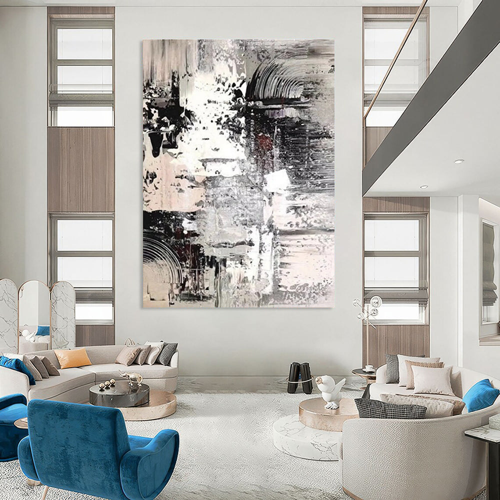 Monochrome Textured Abstract Painting for Serene Home Libraries HENG392