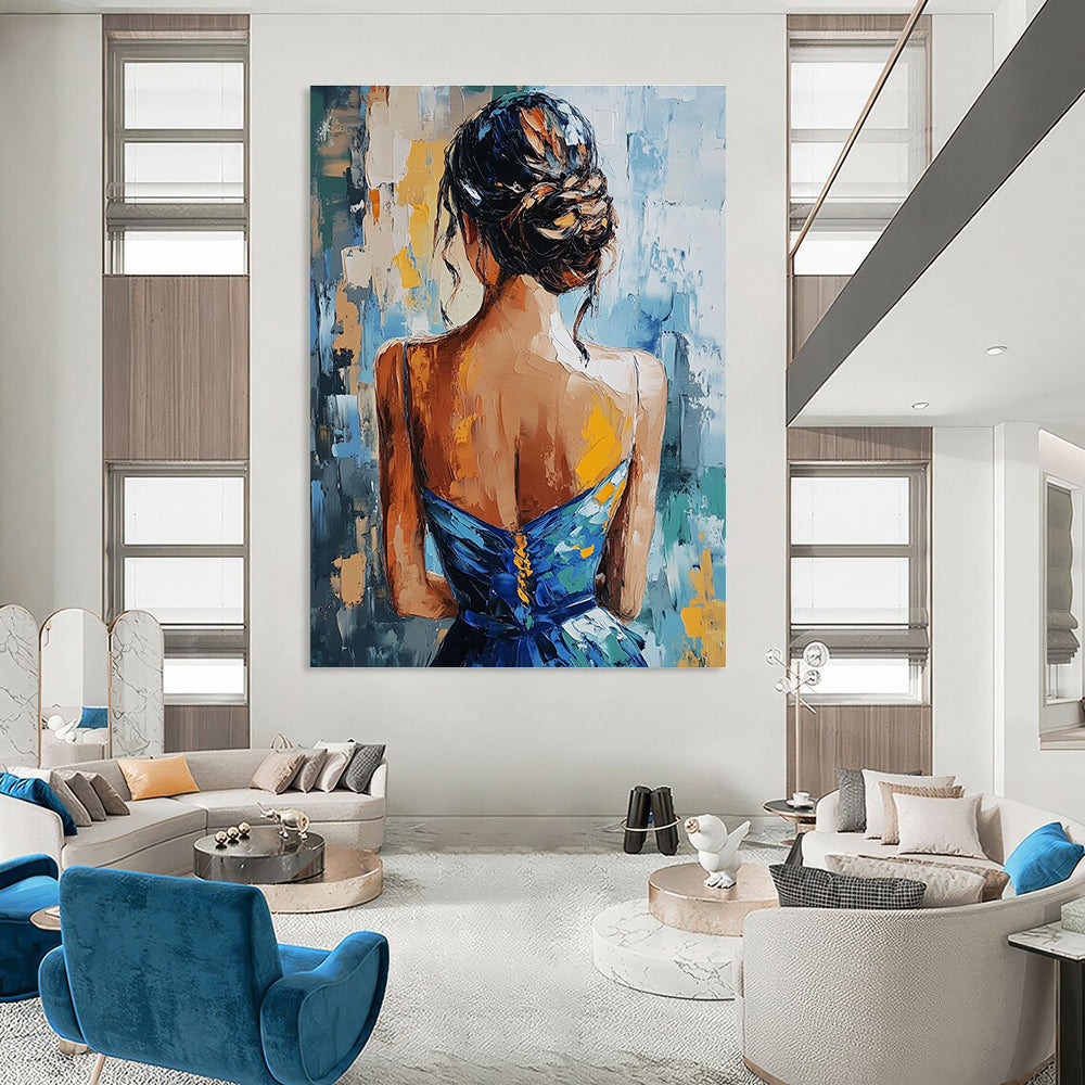 Woman in Blue Dress Abstract Painting for Elegant Dining Rooms GAB1282
