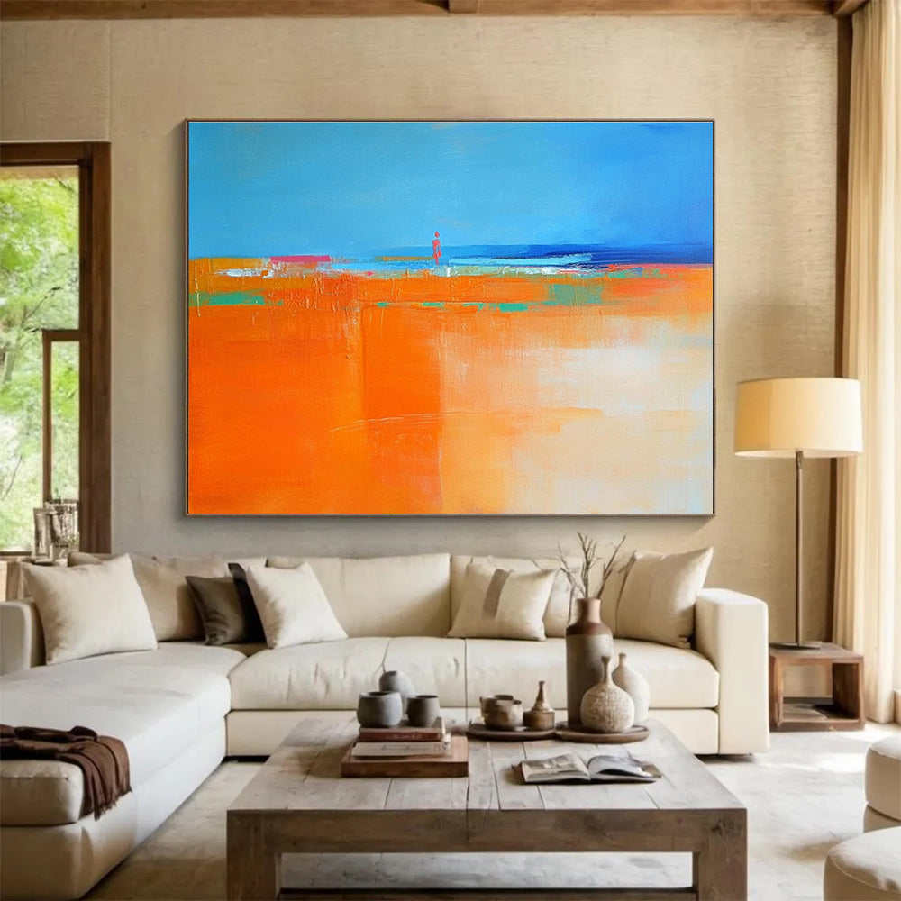 Vibrant Coastal Scene Abstract Painting Featuring a Figure Silhouette ABS221
