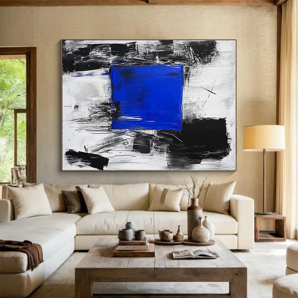 Blue Square in Black and White Chaos Abstract Painting with Focal Contrast WINK025