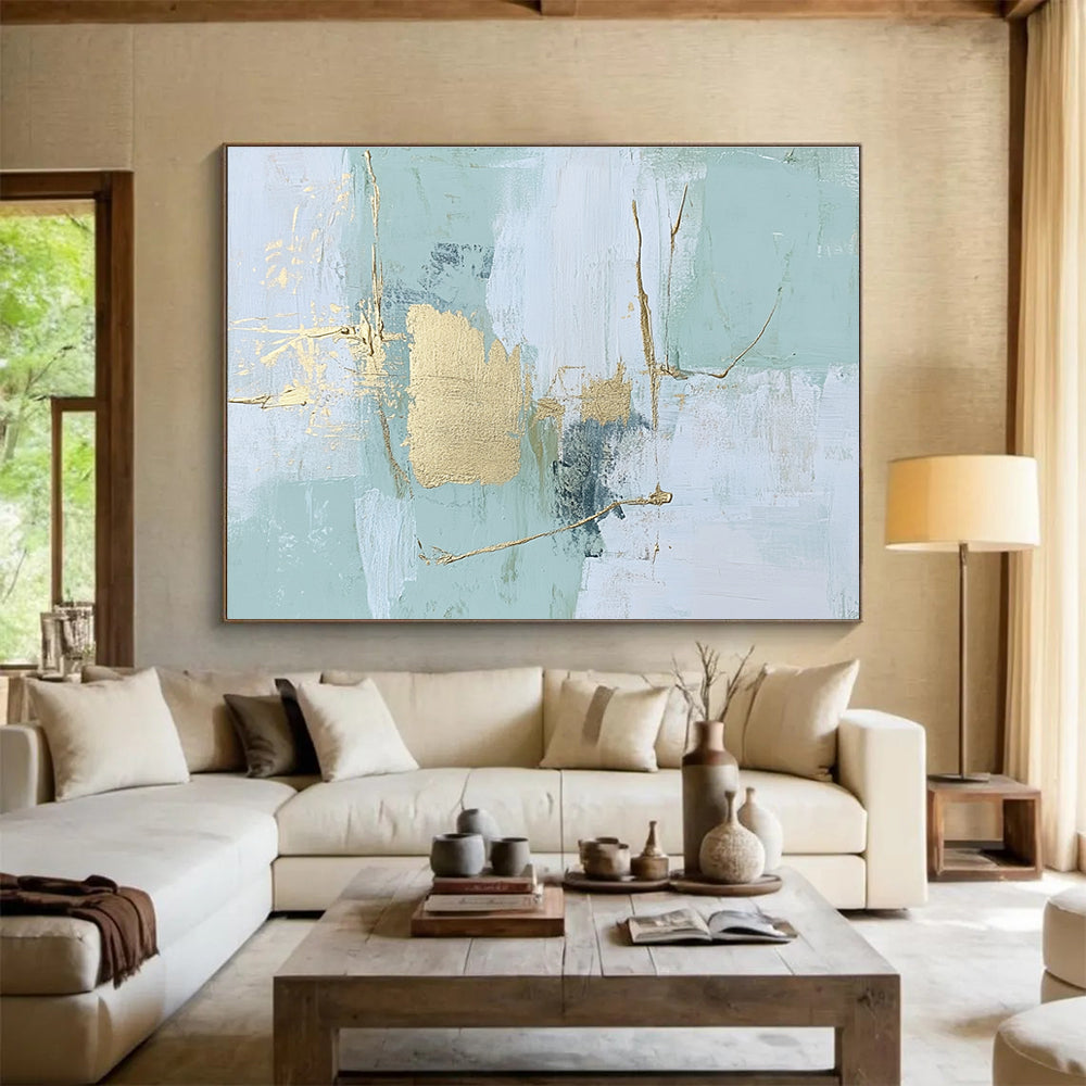 Mint - Gold Abstract Strokes Painting with Subtle, Elegant Accents ABS484