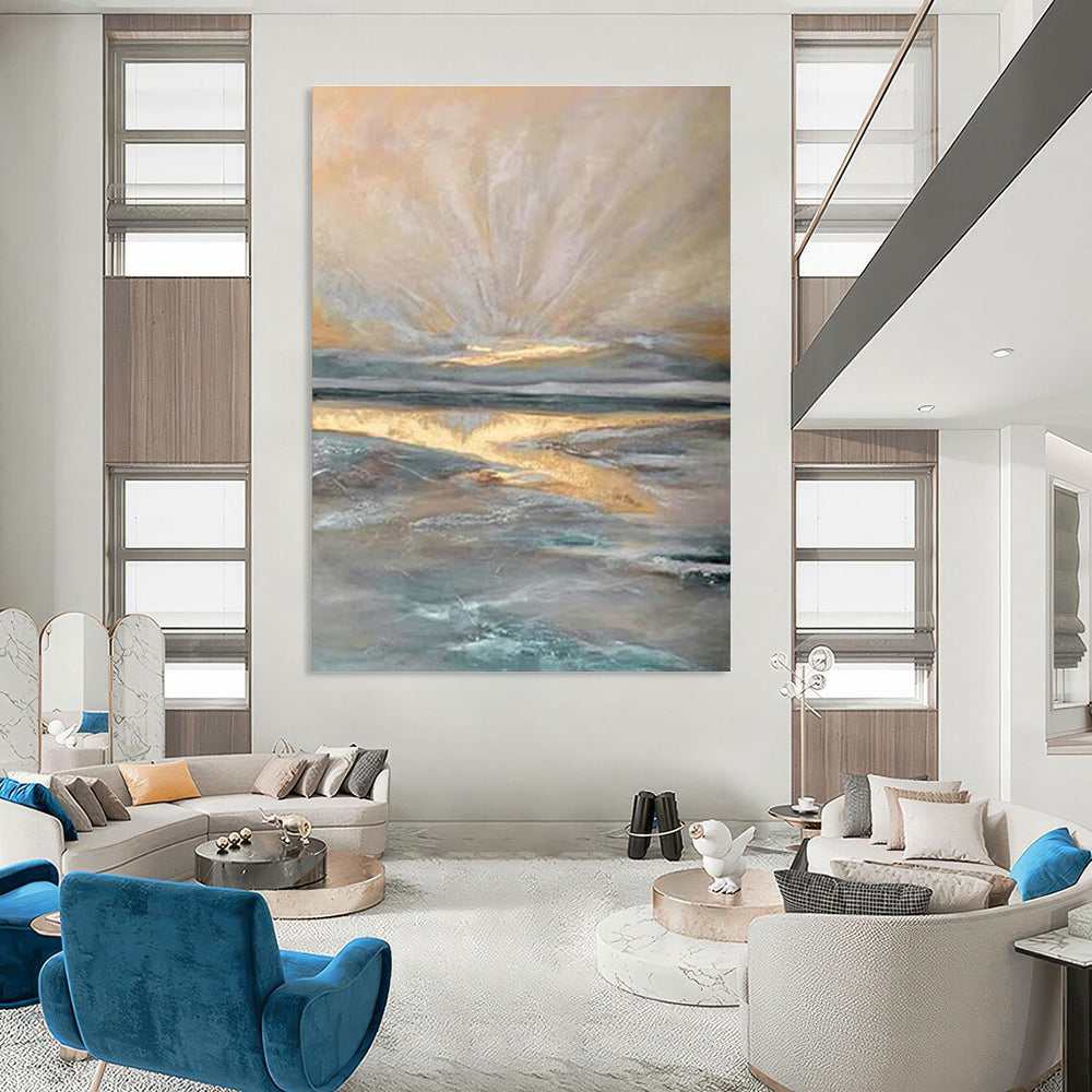 Ethereal Golden Seaside Sunrise Abstract Painting for Inspiring Spaces HENG264