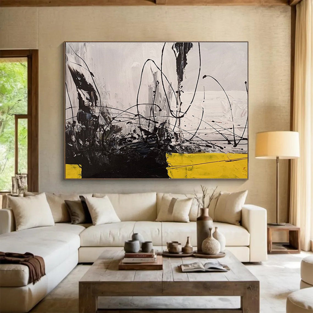 Black - White - Yellow Abstract Painting for Dramatic Spaces YHT008