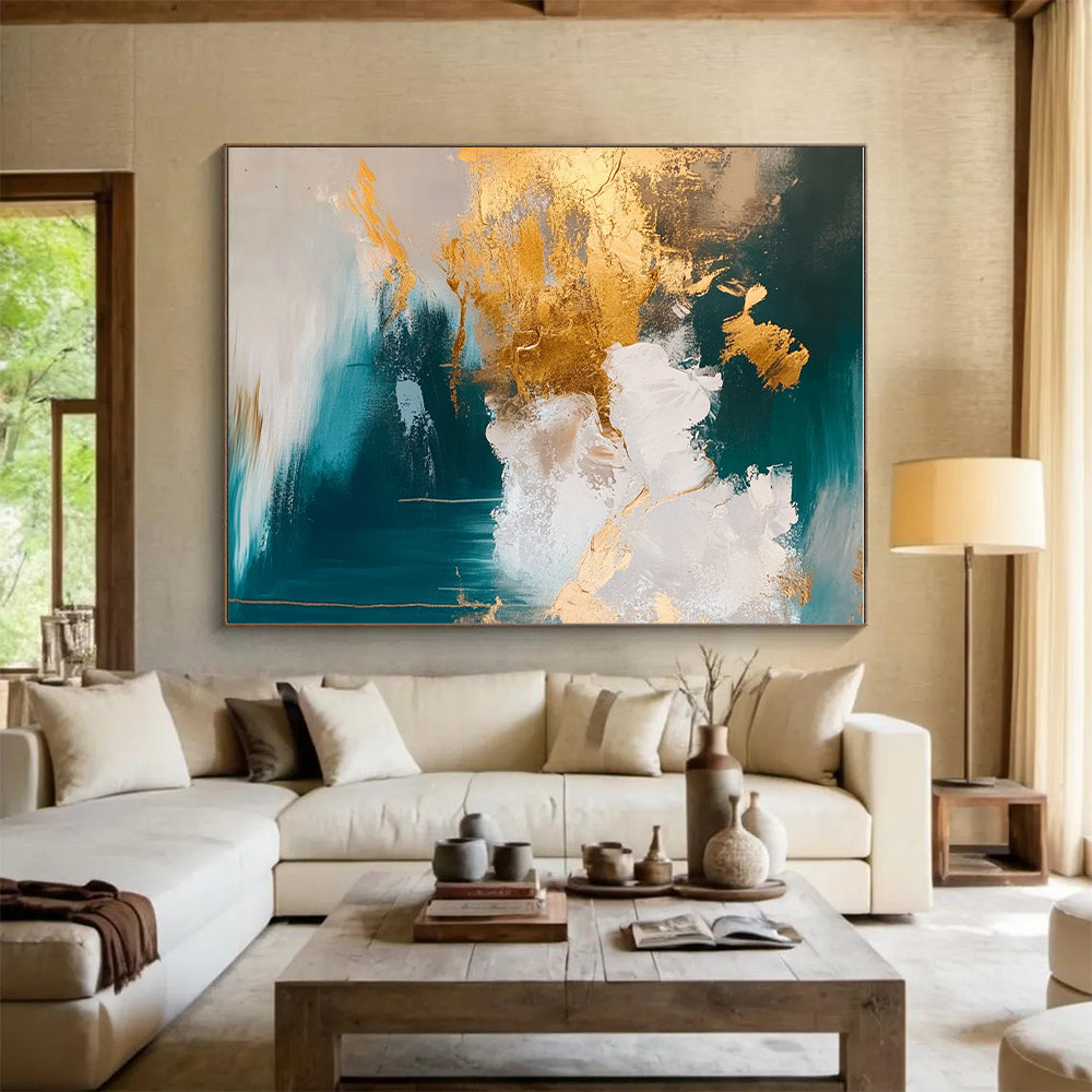 Teal Gold Abstract Clouds Painting with Metallic Accents WINK630