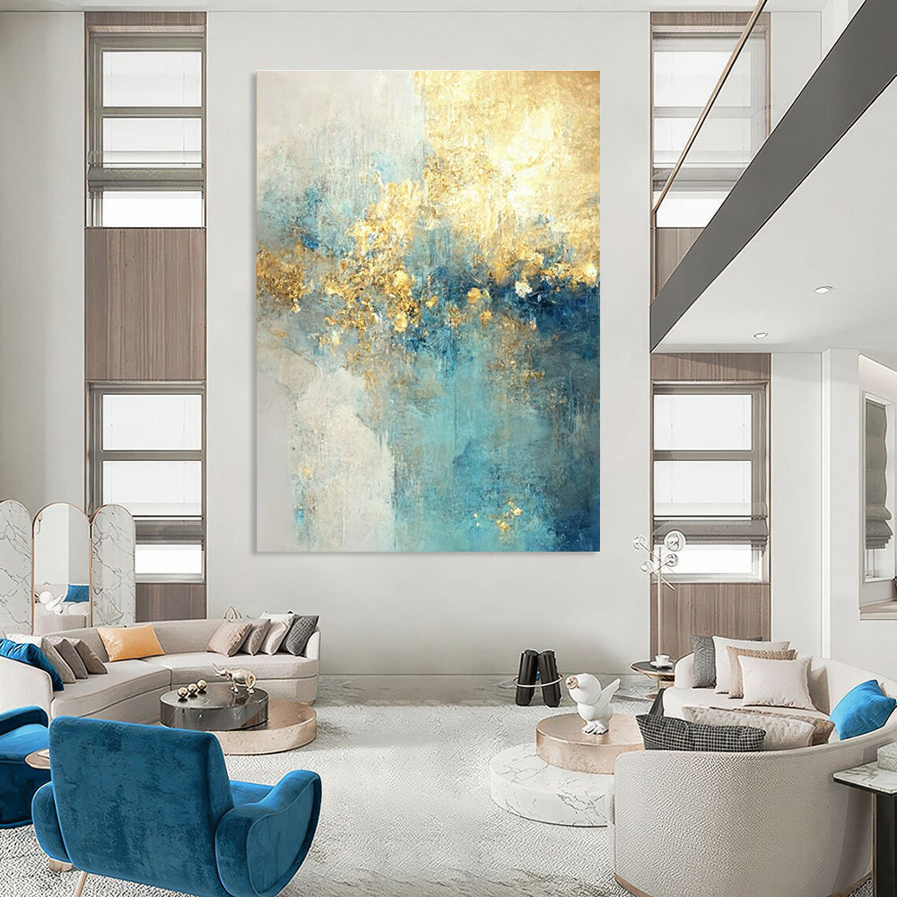 Blue - Gold Abstract Landscape Painting for Coastal Home Offices HENG077