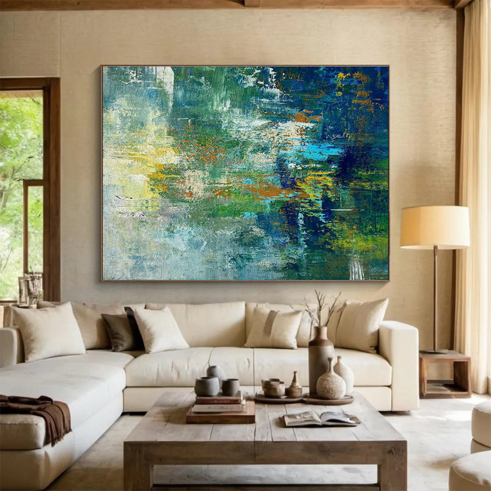 Green and Blue Abstract Mosaic Painting for Eco - Friendly Cafes YHT353
