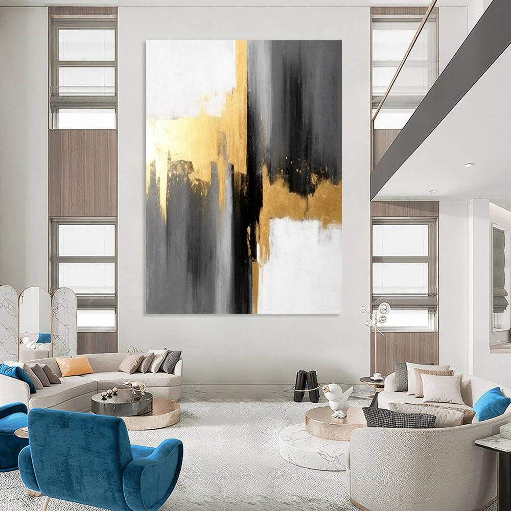 Gray - Gold Abstract Contrast Painting for Sophisticated Corporate Lobbies HENG076
