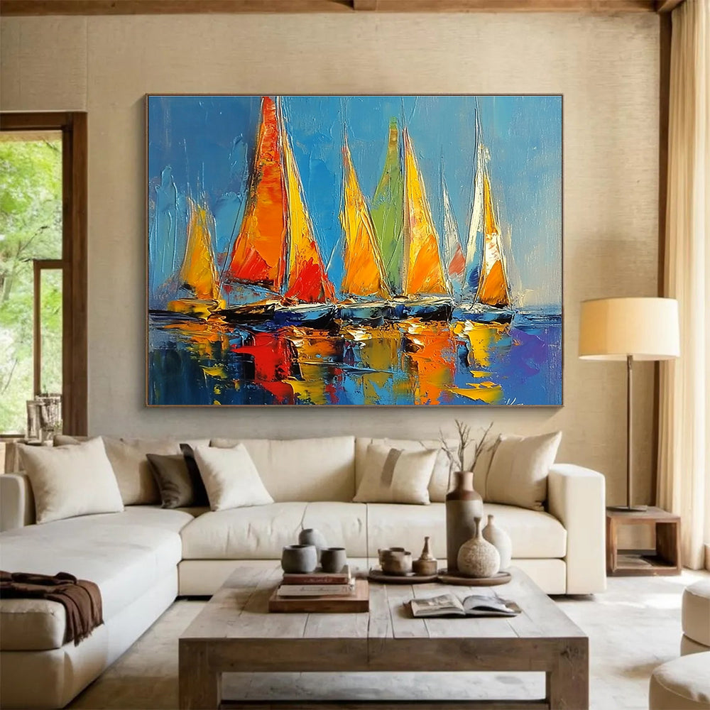 Colorful Sailboats Abstract Painting with Vibrant Maritime Energy ABS433
