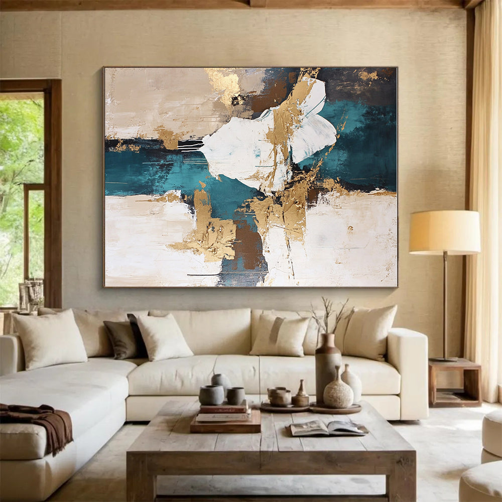 Teal - Gold - White Abstract Painting with Artistic Flair WINK447