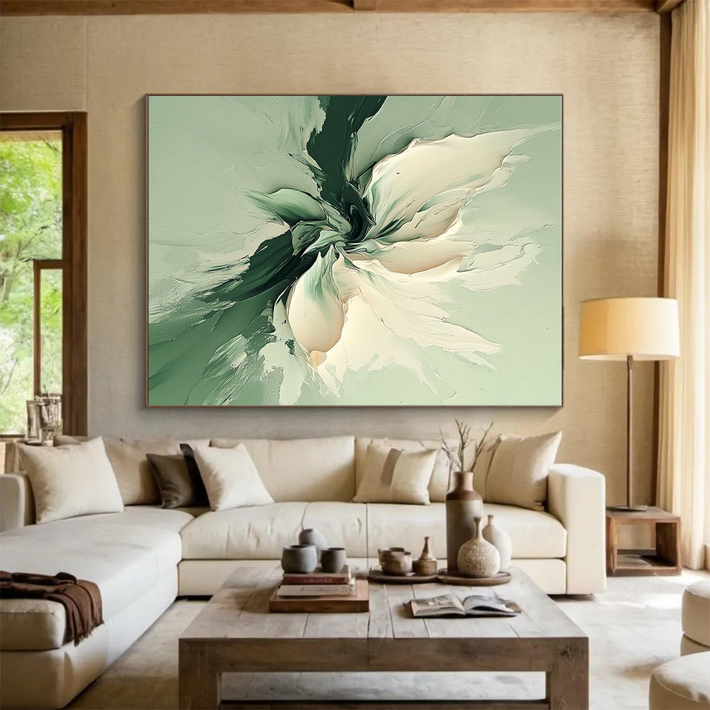 Green White Flower Abstract Painting with Textured Floral WINK569