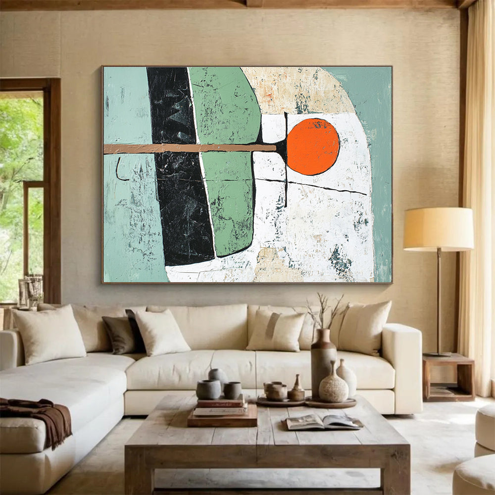 Green and Orange Geometric Shapes with Textured Background Abstract Painting ABS351