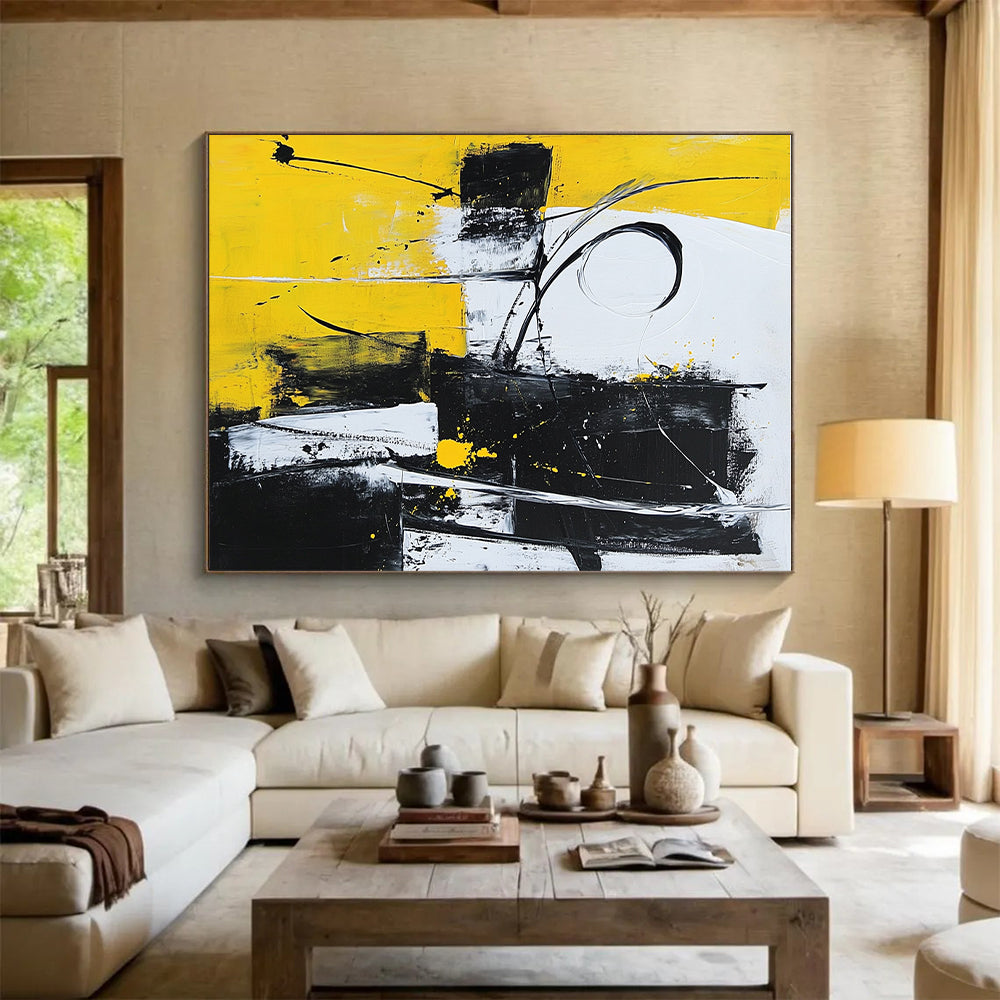 Yellow Black White Abstract Painting with Dynamic Energy WINK511