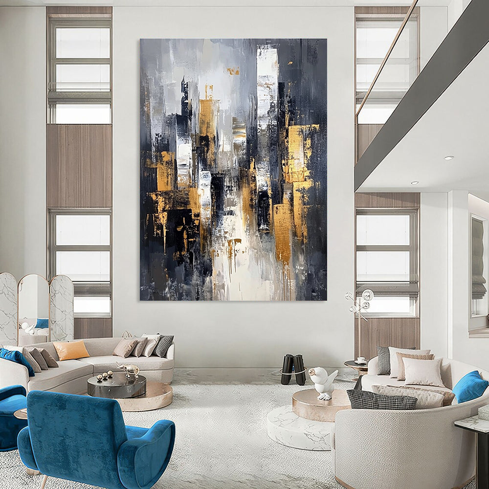 Gray and Gold Cityscape Abstract Painting for Sophisticated Decor GAB0695