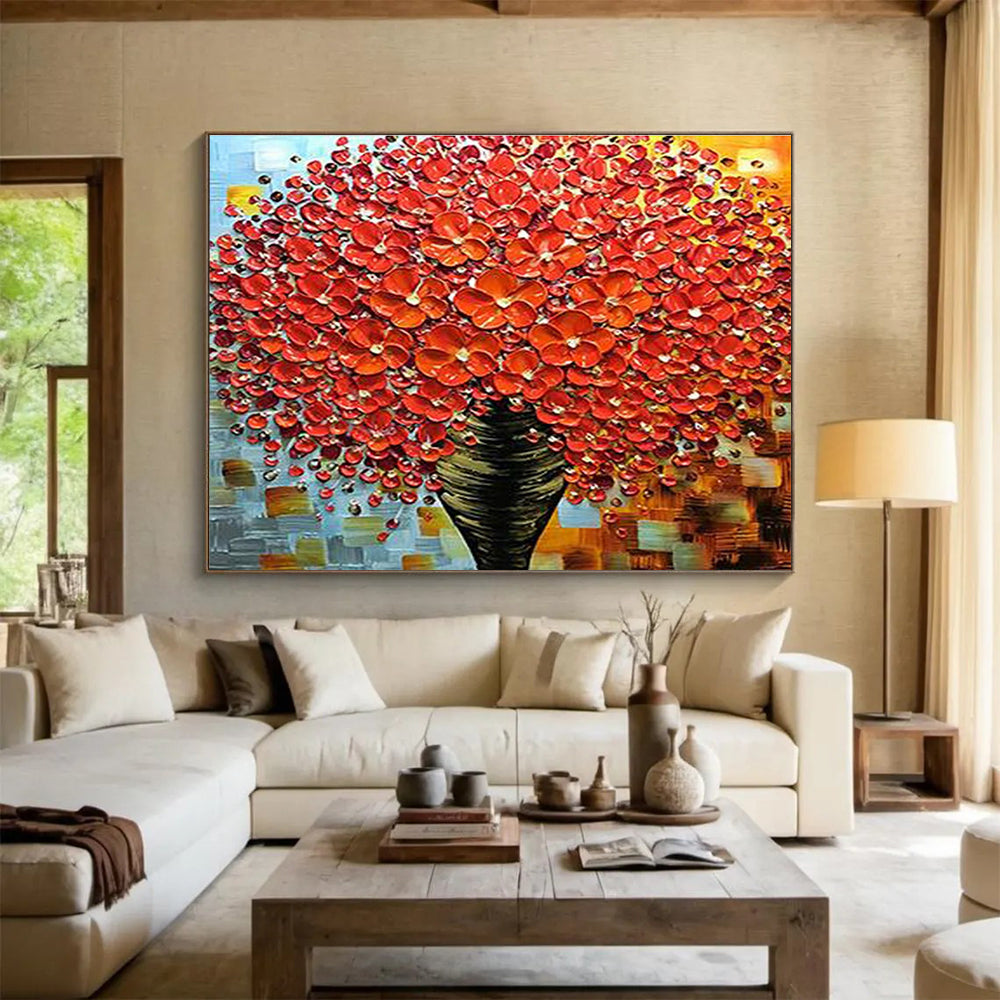 Red Flower Vase Abstract Painting for Bold Dining Rooms YHT226