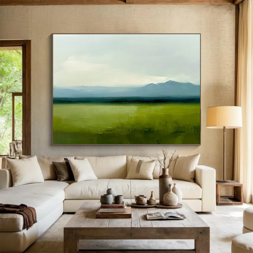 Subtle Green Landscape Painting with Calm Distant Mountains ABS567