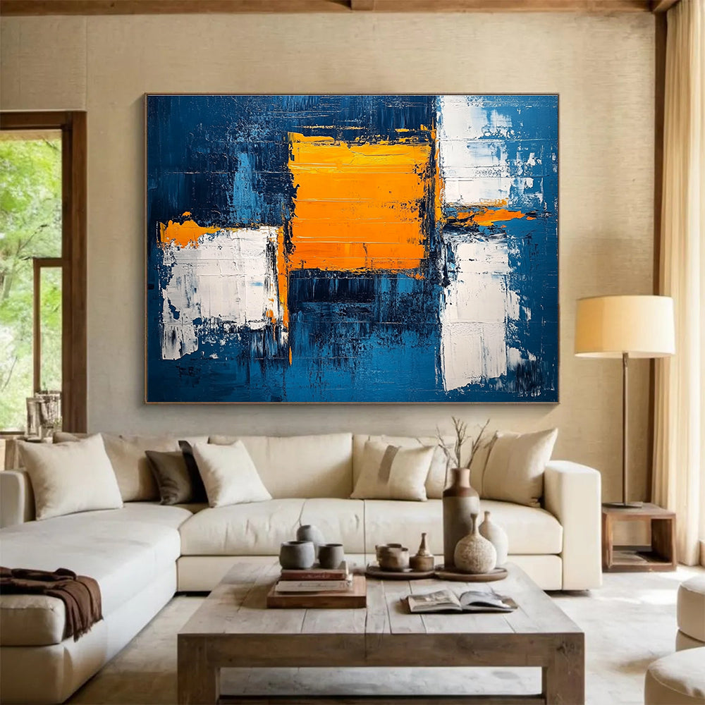 Blue and Orange Geometric Abstract with Textured Edges Abstract Painting ABS382