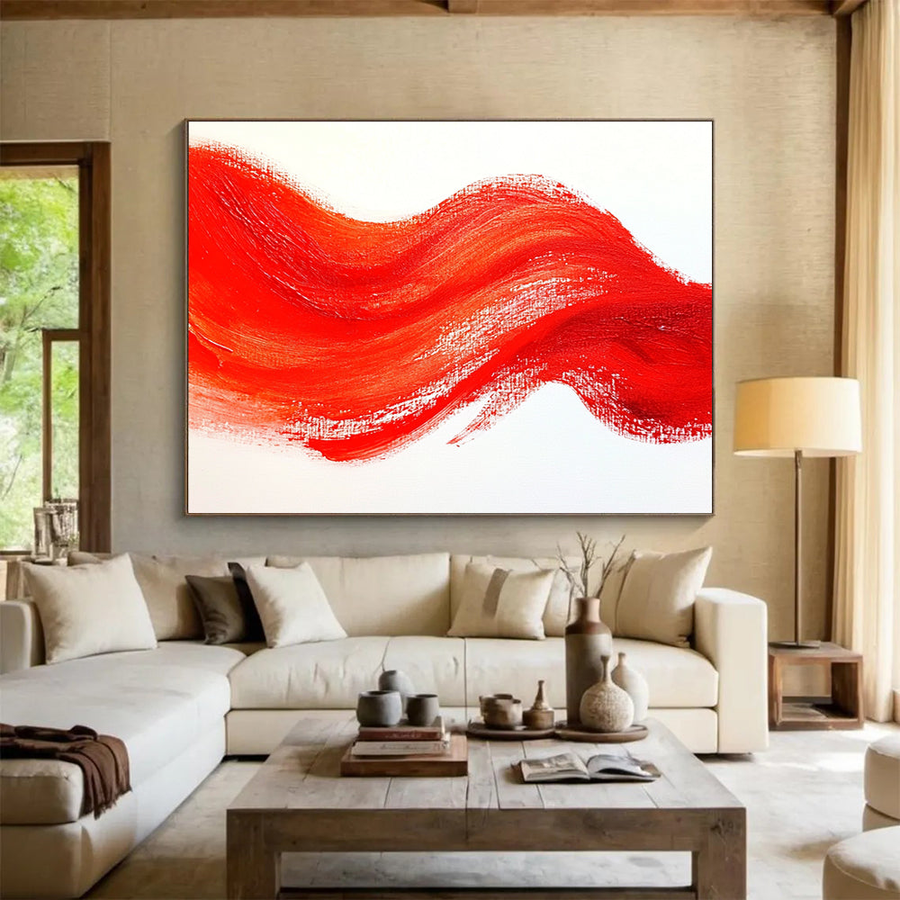 Red Wavy Line on White Abstract Painting with Bold Simplicity ABS606