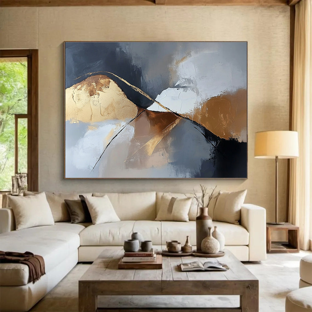 Gold - Accented Mountain Abstract Painting with Dramatic, Minimalist Peaks ABS485