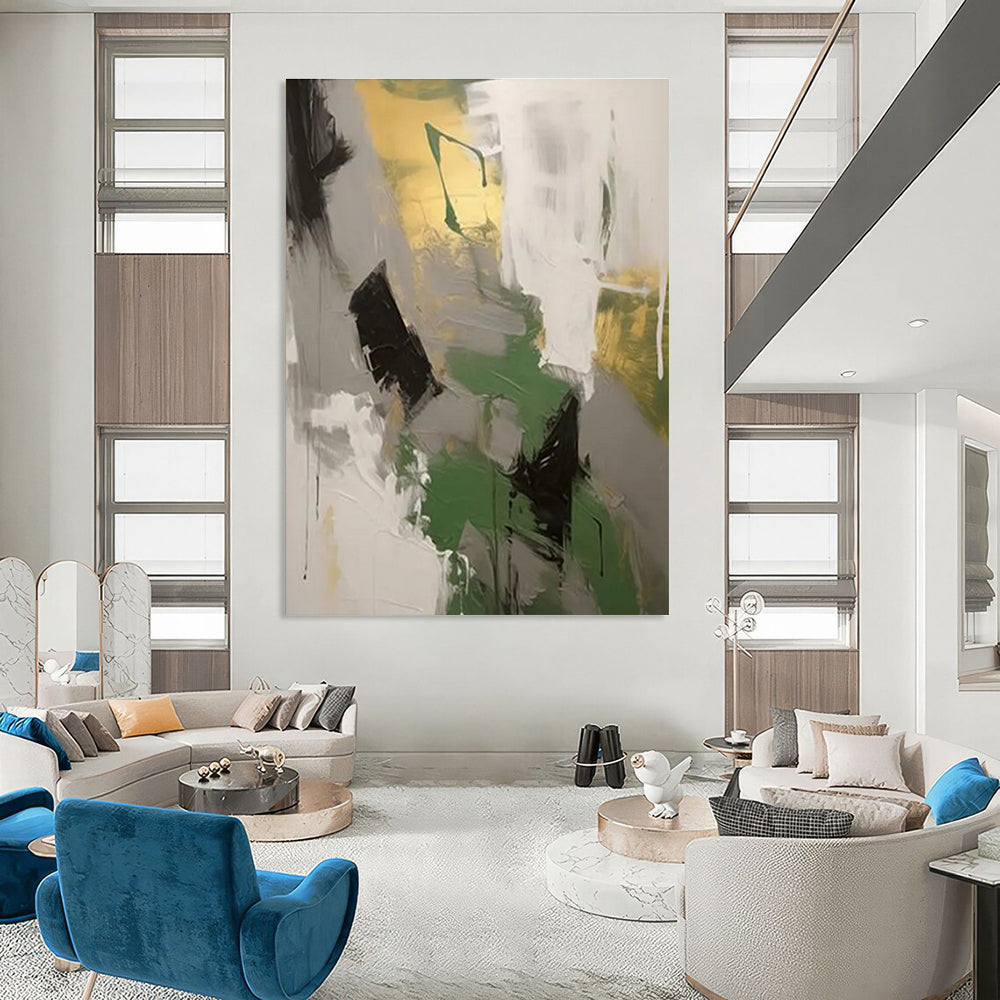 Green - Gray - Gold Abstract Painting for Eco - Friendly Workspaces HENG115