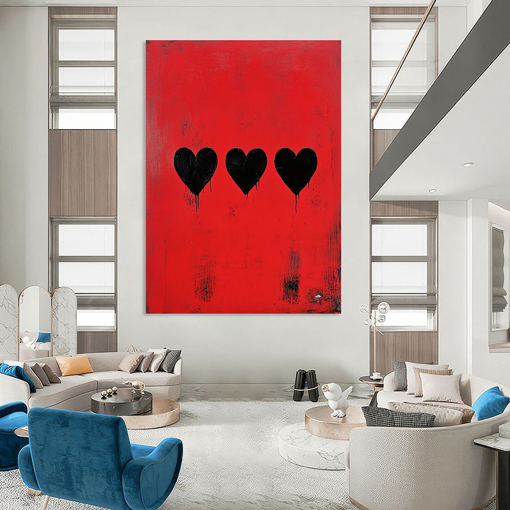 Red and Black Hearts Edgy Abstract Painting for Bold Spaces GAB1489