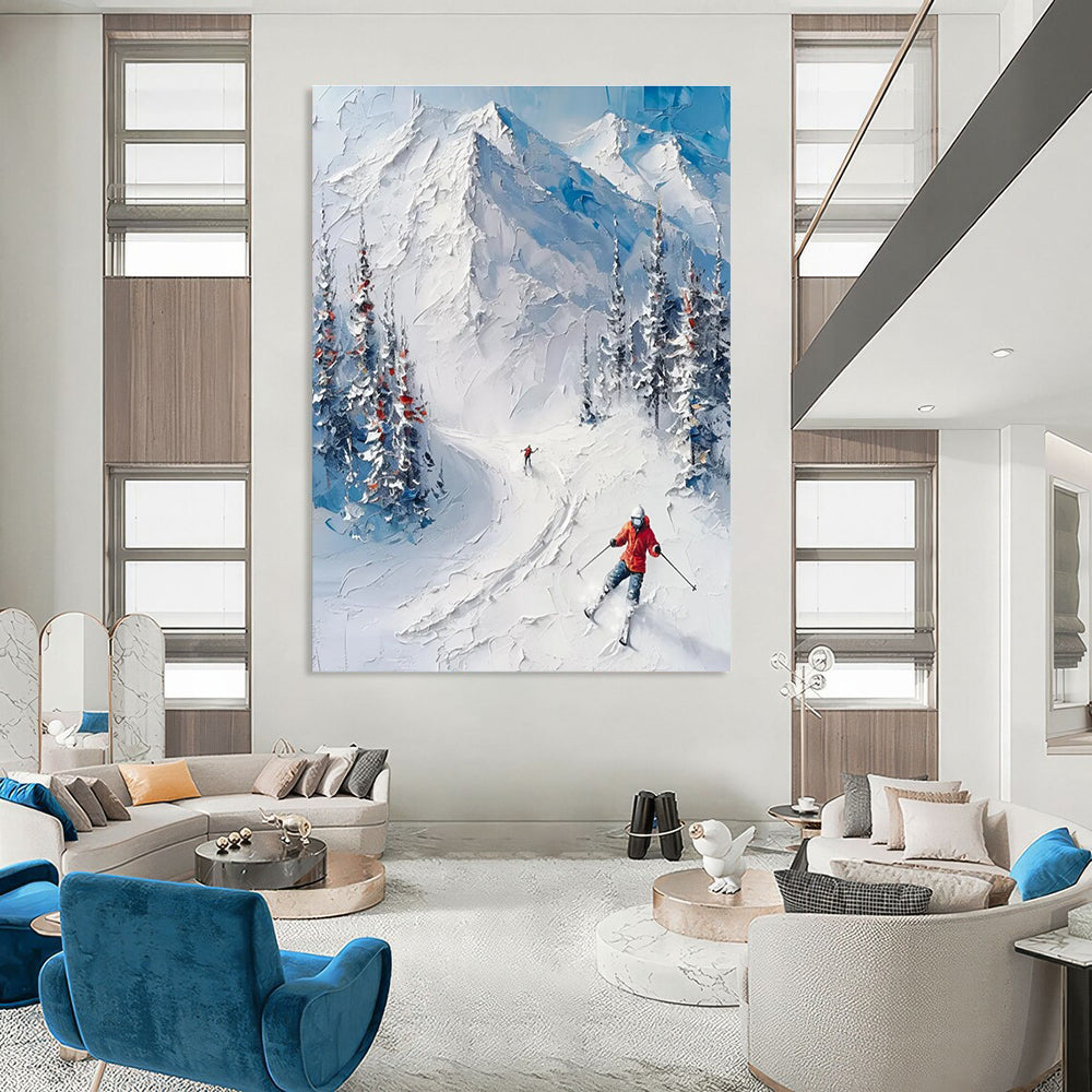 Textured Ski Mountain Scene Painting for Alpine - Inspired Interiors HENG313