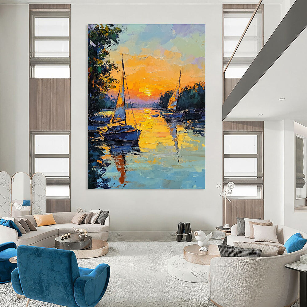Sunset Sailboats on River Impressionistic Abstract Painting for Relaxing Spaces GAB1463