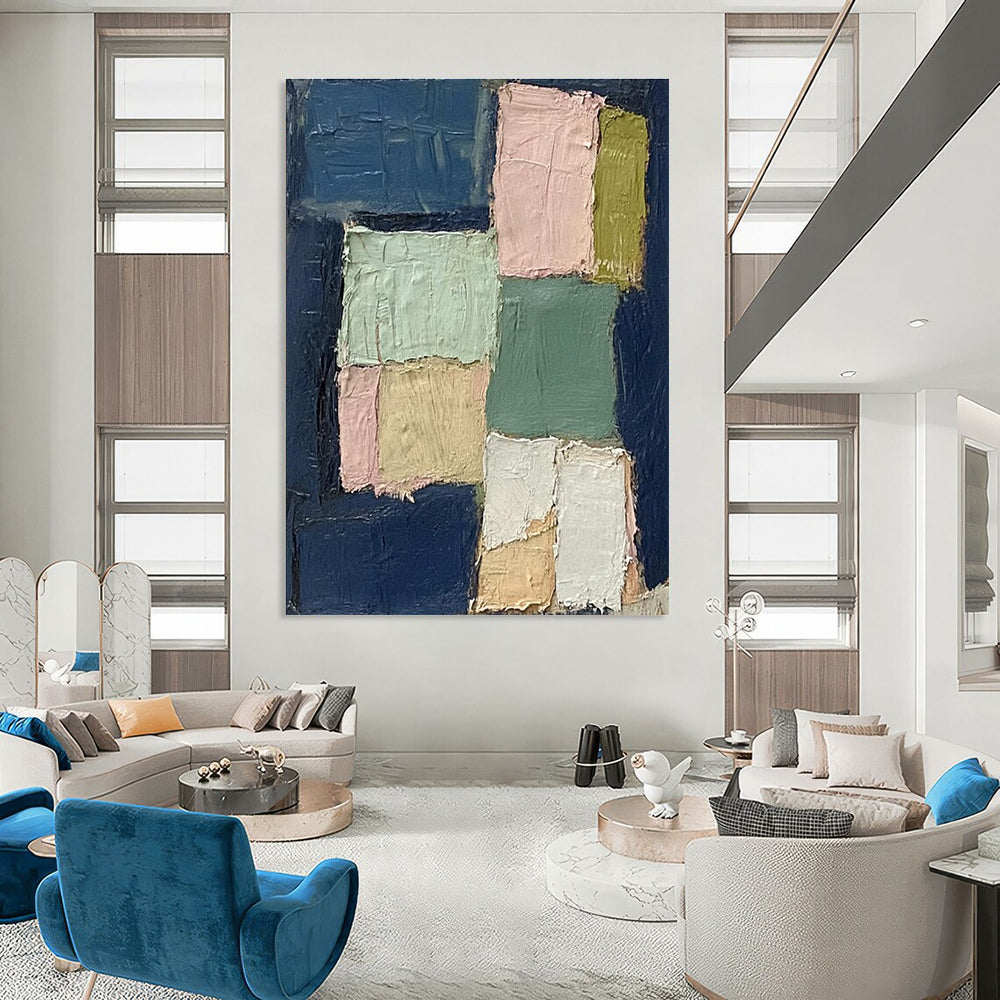 Pastel Patchwork Abstract Painting for Scandinavian - Style Living Rooms HENG013