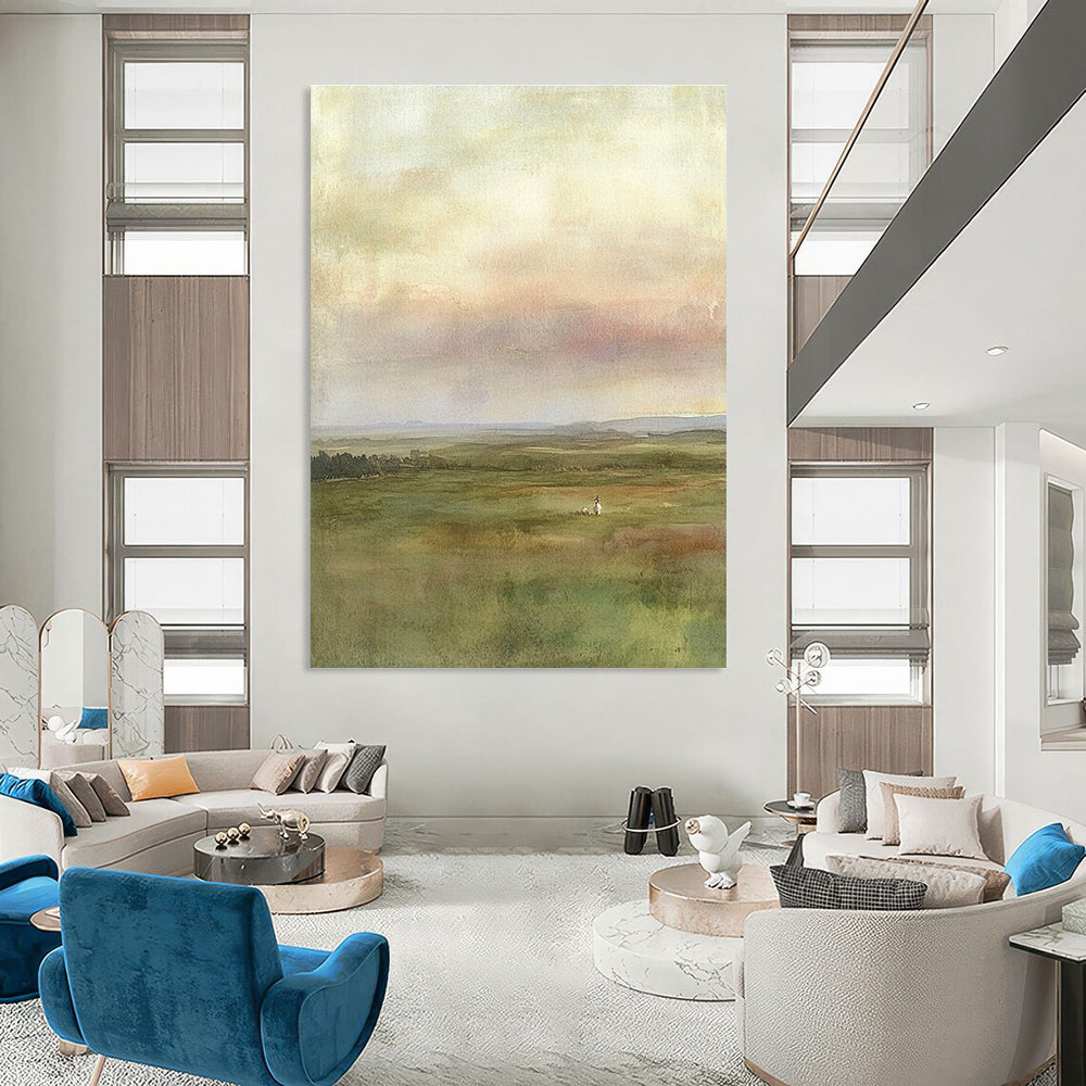 Green Field with Figure - Serene Landscape Watercolor Art GAB0390