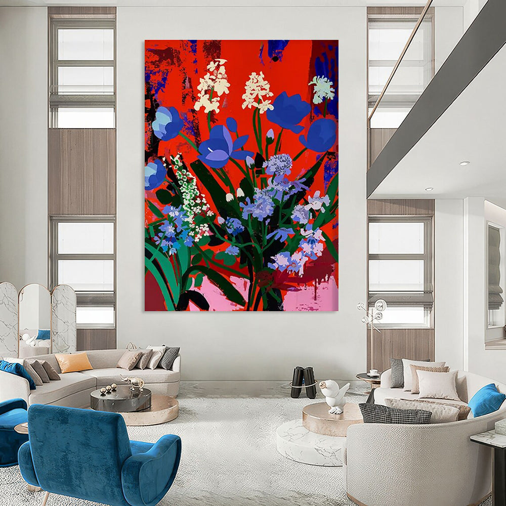 Blue and White Blooms Abstract Painting for Elegant Dining Spaces HENG101