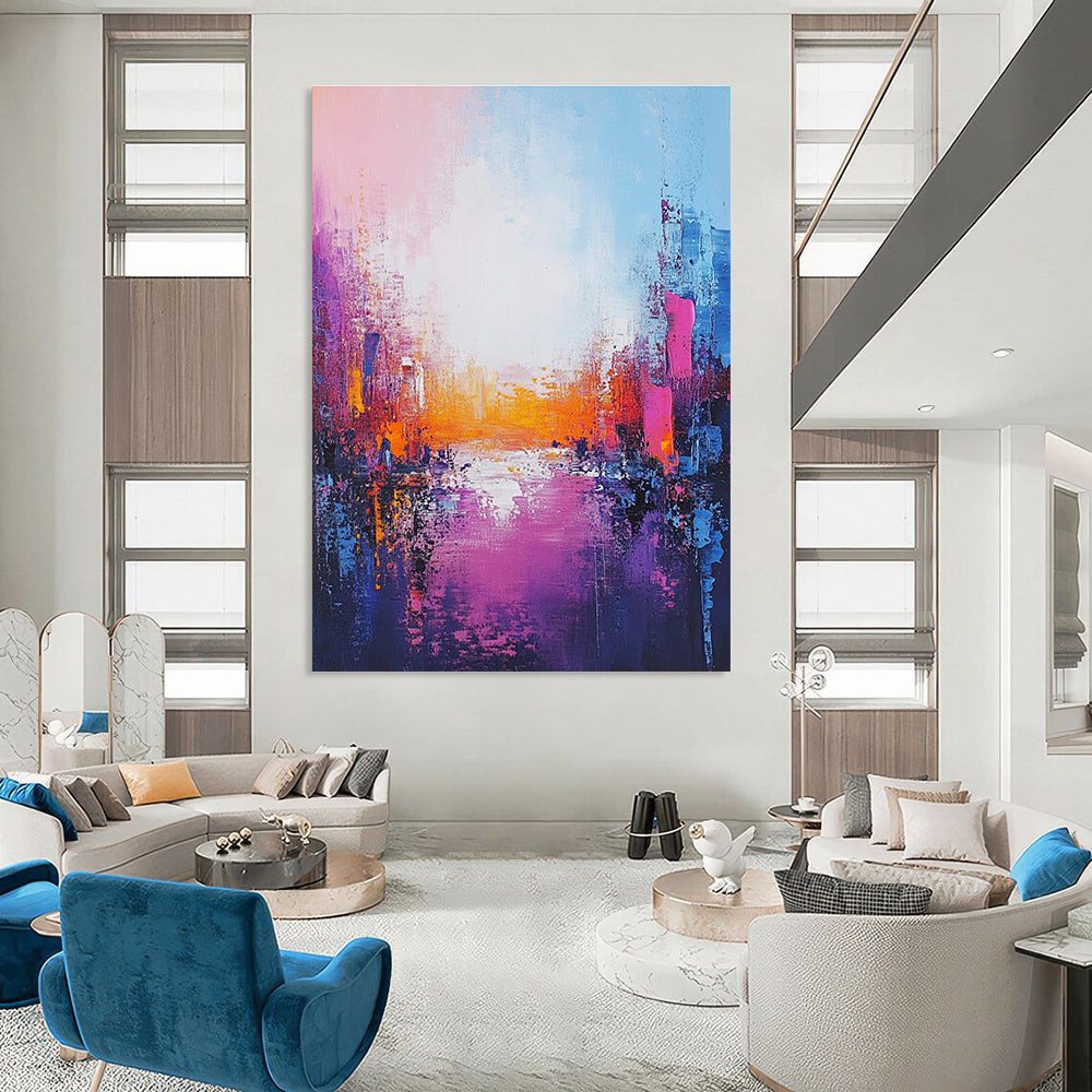 Colorful Cityscape Sunset Abstract Painting for Artistic Office Lounges GAB0806