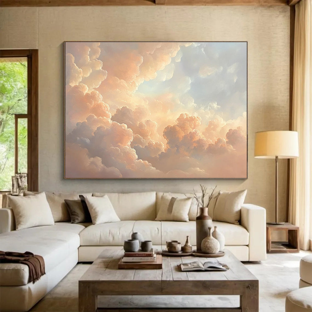 Fluffy Cloudscape in Peach Painting with Dreamy Serene Ambiance ABS564