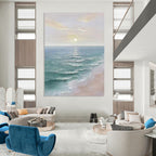 Coastal Sunset with Calm Waves Abstract Painting for Seaside - Themed Living Rooms HENG350