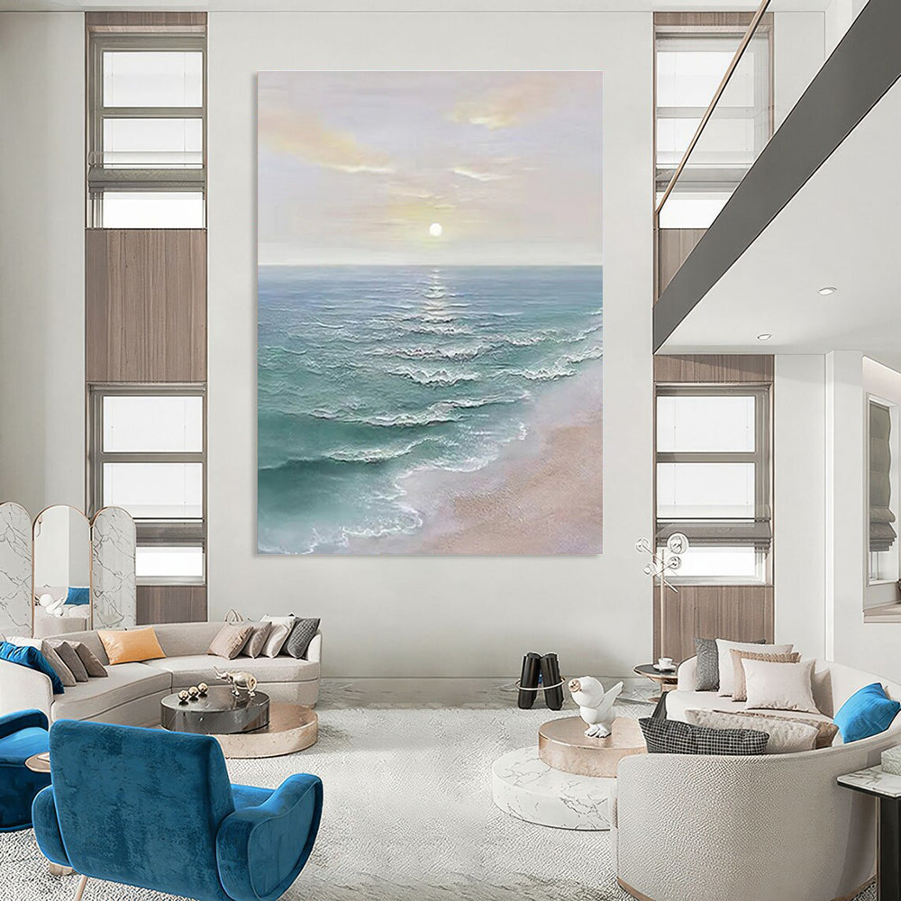 Coastal Sunset with Calm Waves Abstract Painting for Seaside - Themed Living Rooms HENG350
