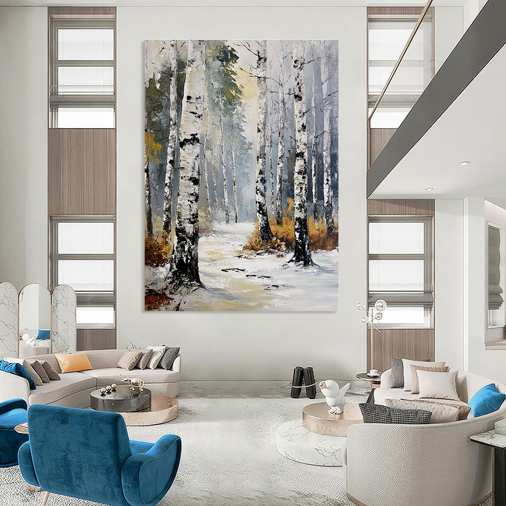 Winter Birch Forest Abstract Painting for Cozy Cabin Living Rooms GAB1310
