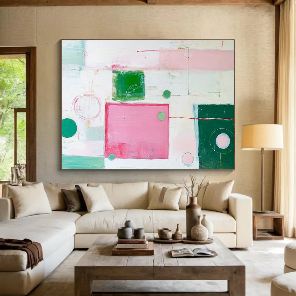 Pink Green White Abstract Painting with Playful Geometry WINK518