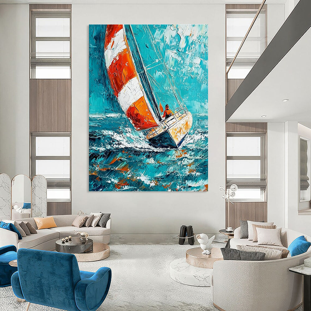 Sailing Boat in Blue Sea Dynamic Abstract Painting for Nautical Enthusiasts GAB1461