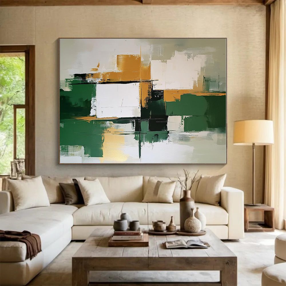 Green Gold White Abstract Painting with Balanced Harmony WINK679