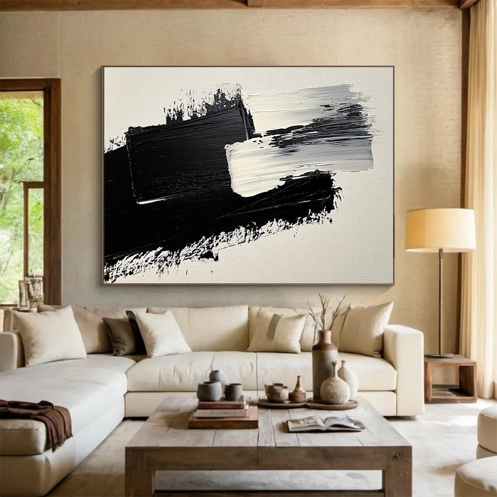 Black and White Textured Strokes Abstract Painting with Bold Minimalism ABS572