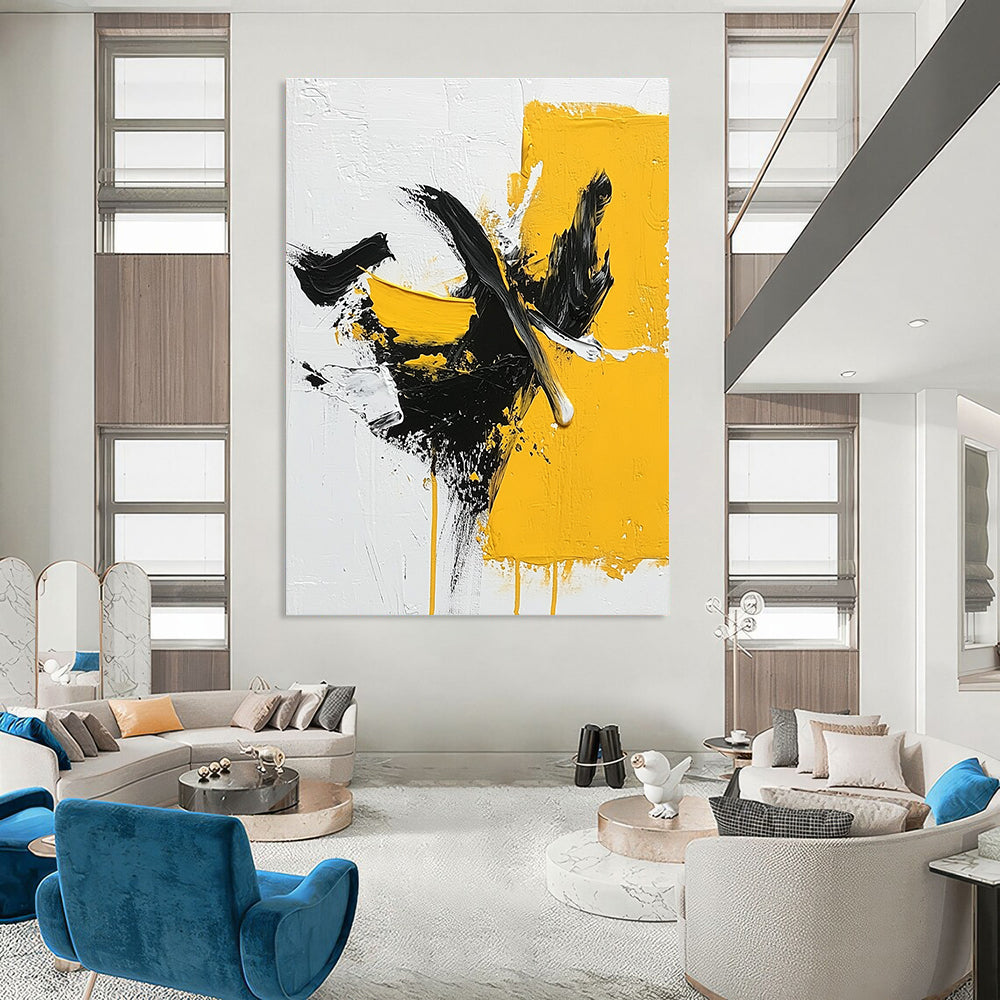 Bold Yellow and Black Abstract Painting for Modern - Styled Offices GAB1014