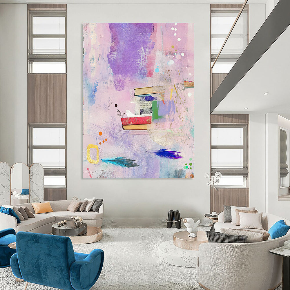 Books and Feathers Collage Abstract Painting of Intellectual Whimsy GAB0178